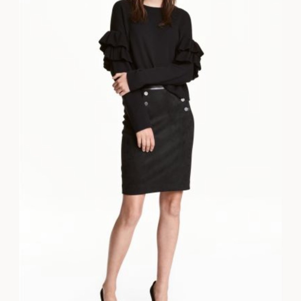 H&M Black Faux Suede Pencil Skirt Button Detail NWT